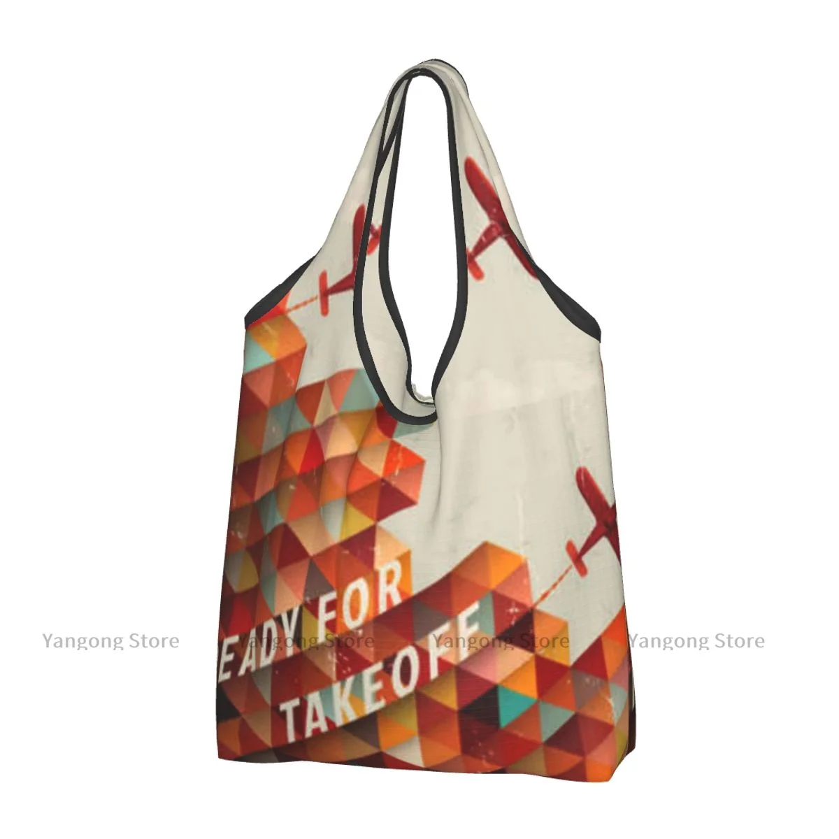 Folding Bag Ready For Take Off Geometric Triangles Clouds Planes Reusable Portable Handbag for Travel Grocery Pocket Tote