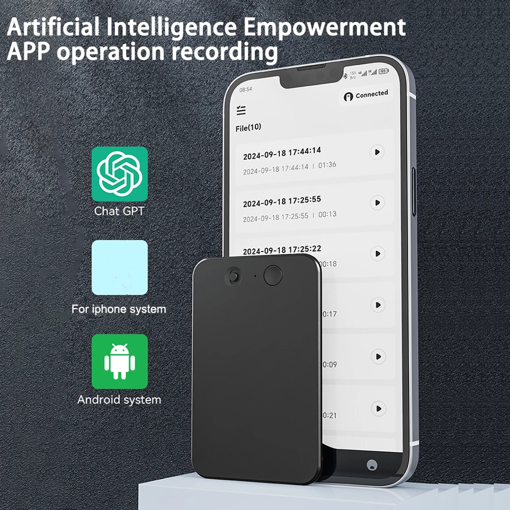 

AI ChatGPT-4 App Phone Call Activated Voice Recorder 8-128GB Transcribe Summarize LanguageTranslation Device Audio Dictaphone