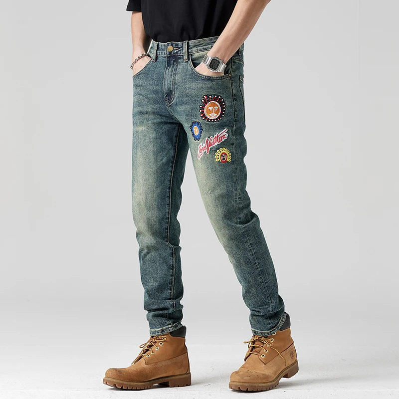 2024 New washed retro blue embroidered jeans men's street fashion slim fit skinny motorcycle trousers