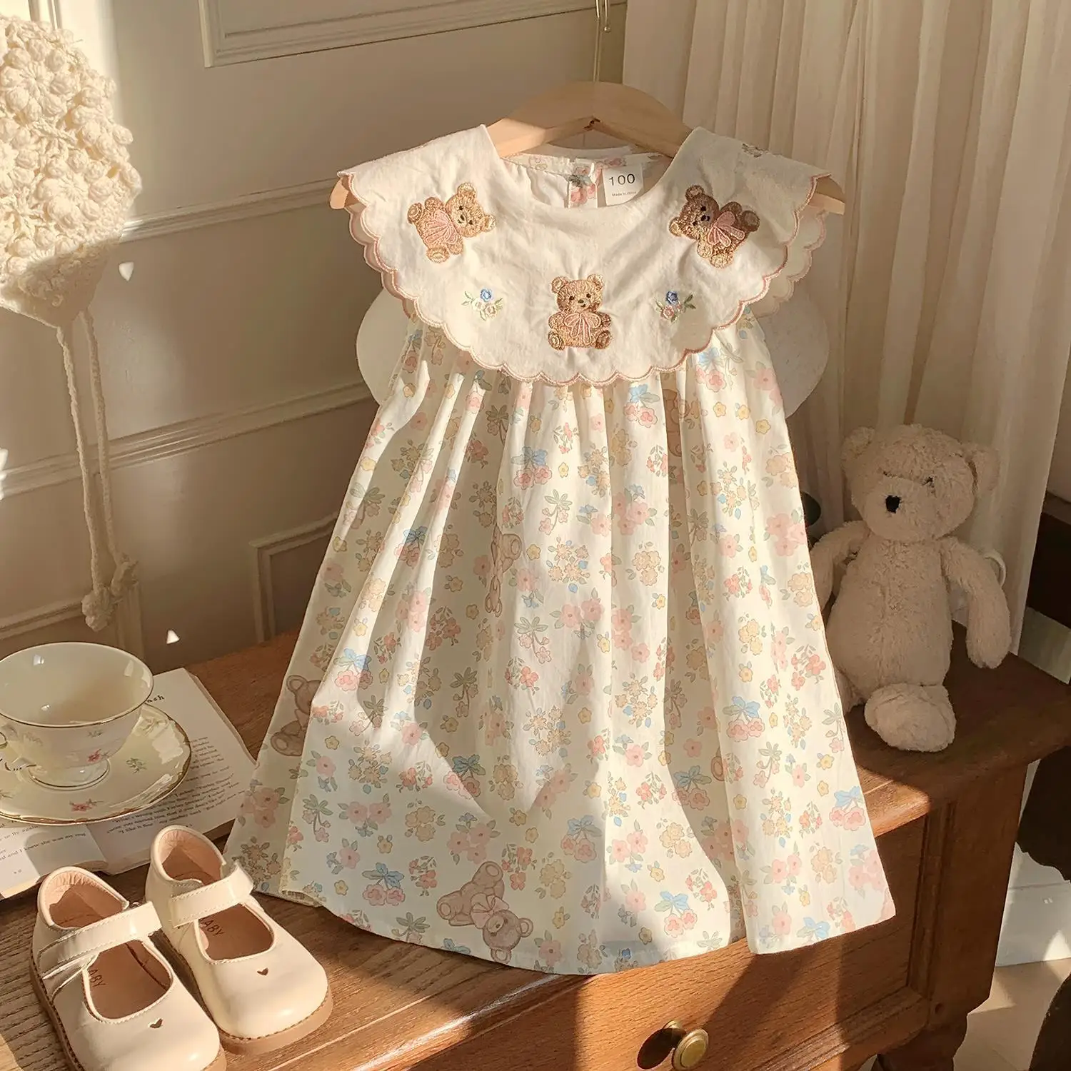 

Girl Casual Dress Chinese Style Breathable Summer Elegant Flower Collar Bear Embroidered 2025 Children Clothing Floral Stylish