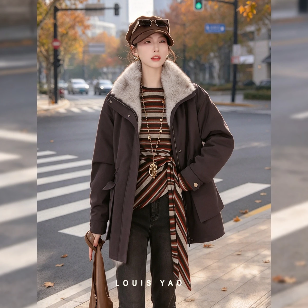 LOUIS YAO Workwear style Women's Jacket 2025 Autumn/Winter Jacket Plush Design lapel collar Mid-Length Fleece-Lined Thick Coat