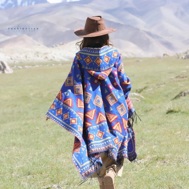 

Warmth Ethnic Sle Hooded awl Cowl Ne Poncho Travel Photoaphy Outerwear for Lijiang Xinjiang Tibet Northwestern China