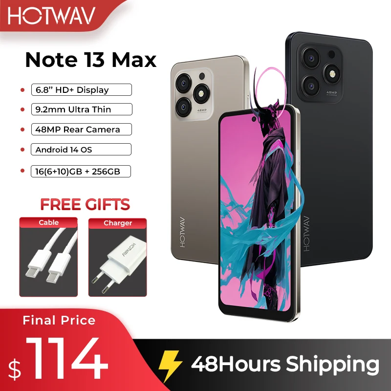 HOTWAV Note 13 Max Mobile Phone 6.8'' HD+ Display Android 14 16(6+10)GB 256GB Cellphone 48MP 5160mAh 9.2mm Ultra-Thin Smartphone