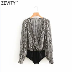 Zevity 2021 Women Sexy Cross V Neck Snake Skin Print Patchwork Bodysuits Office Lady Serpentine Slim Siamese Chic Romper P1011