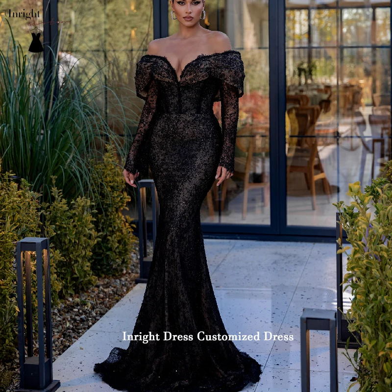 Inright personalizado elegante encaje negro sirena vestidos de noche fuera del hombro mangas largas vestidos para ocasiones especiales vestidos de novia