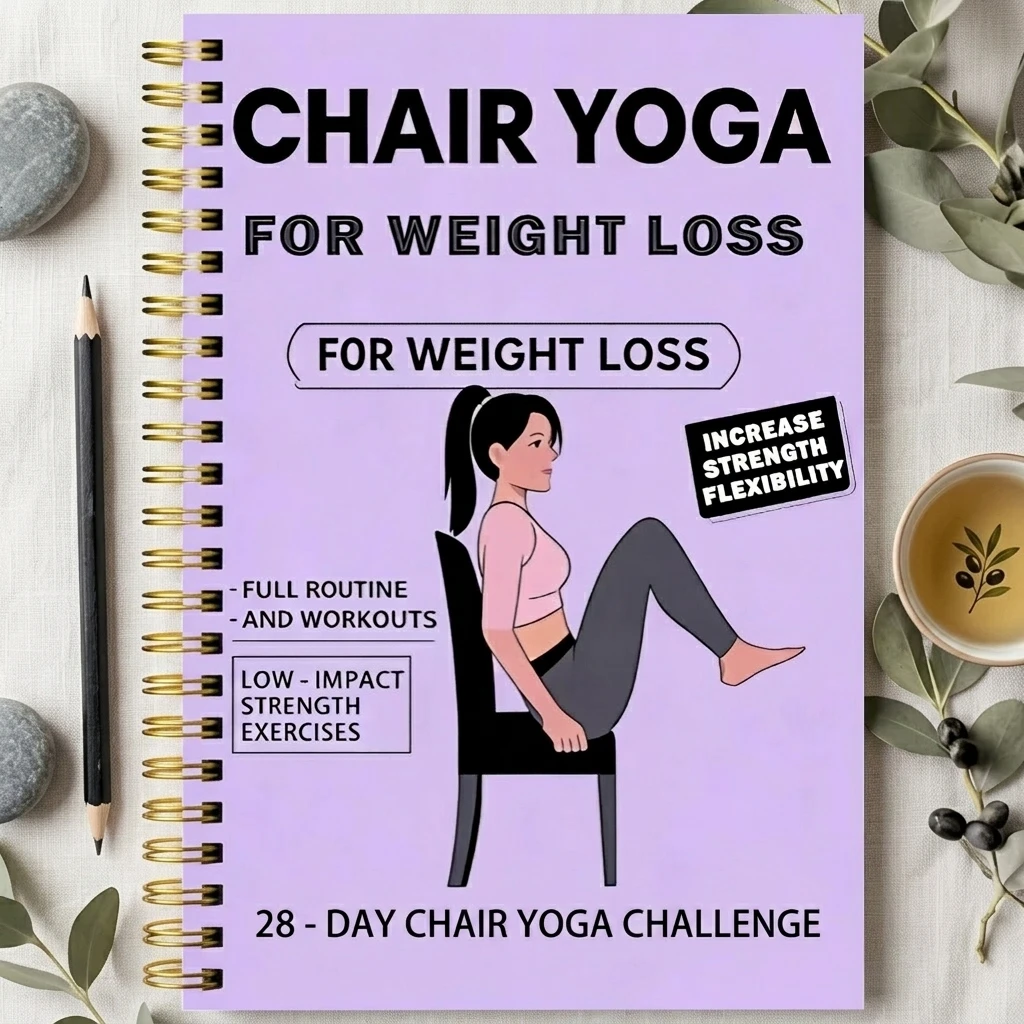 Chair Yoga Challenge Notebook 28-Day Fitness Tracker with Illustrations for Beginners Portable Hardcover Eye Beige Paper Health
