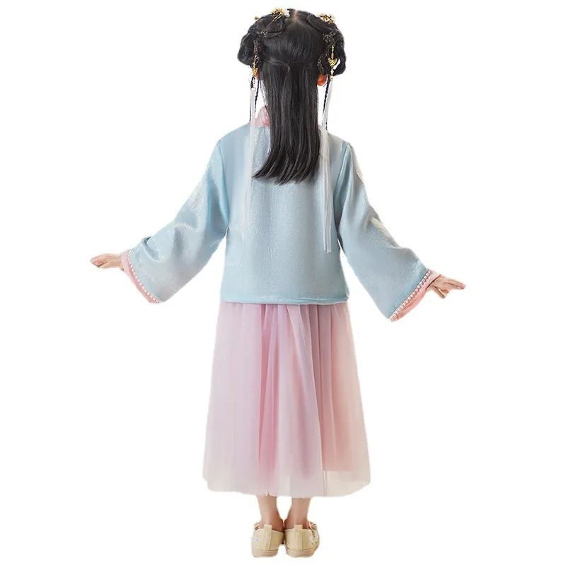 Spring Girls Chinese Lovely Tang Suit Chinese Traditional Kids Lace Embroidery Ancient Hanfu Children Perform Costumes