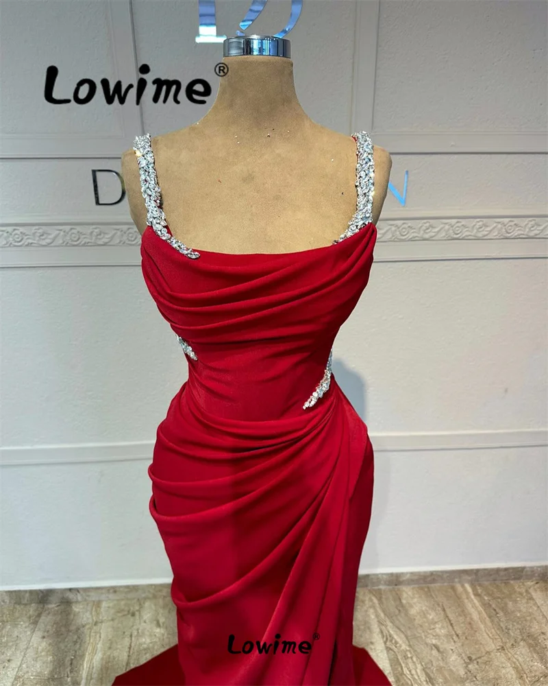 Red Long Arabic Party Dress For Weddings Robe 2024 Mermaid Cheap Evening Gowns Crystals Women Prom Celebrity Dresses Custom Made