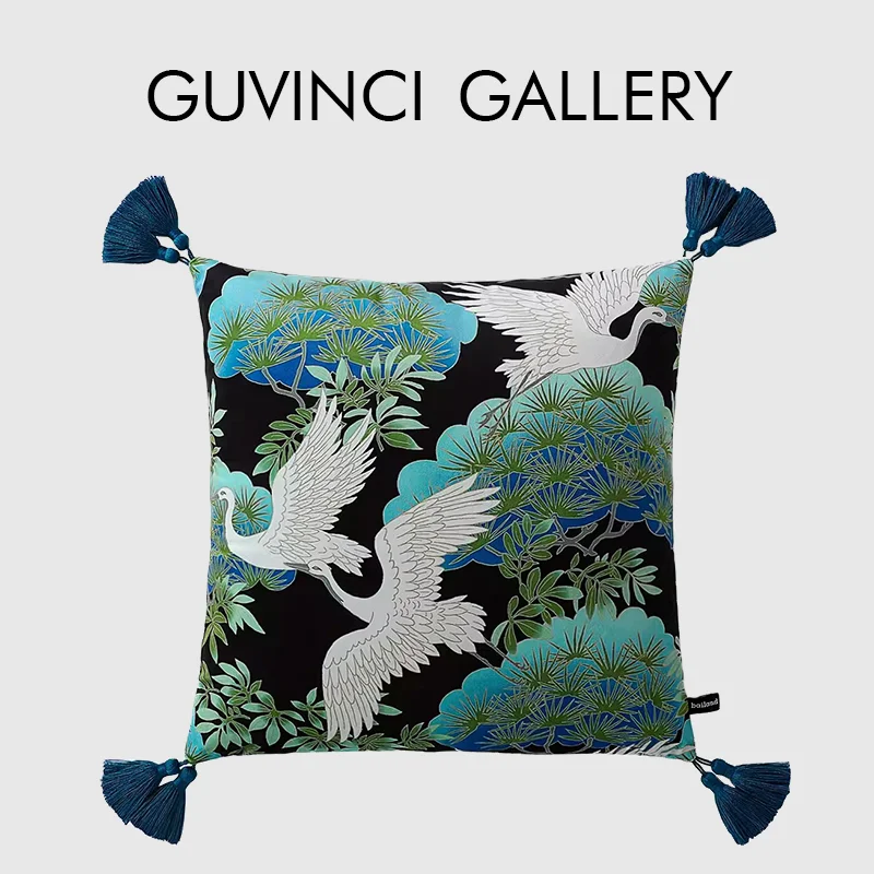 

GUVINCI Japanese Uchikake Style Fly Cranes Decorative Cushion Cover Super Soft Velveteen Throw Pillow Case Turquoise Green Black