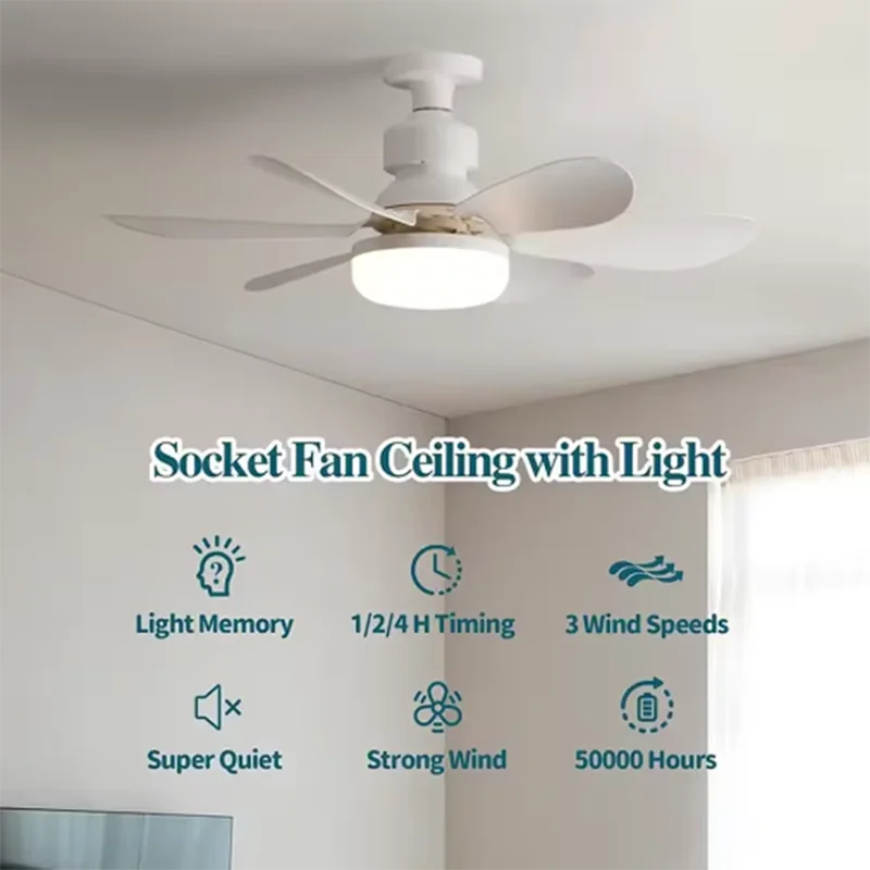 2026 NEW E26 E27 Cordless Socket Fan Light, 20.5 Inch LED Ceiling Fan Light with Remote for Small Room Dorm