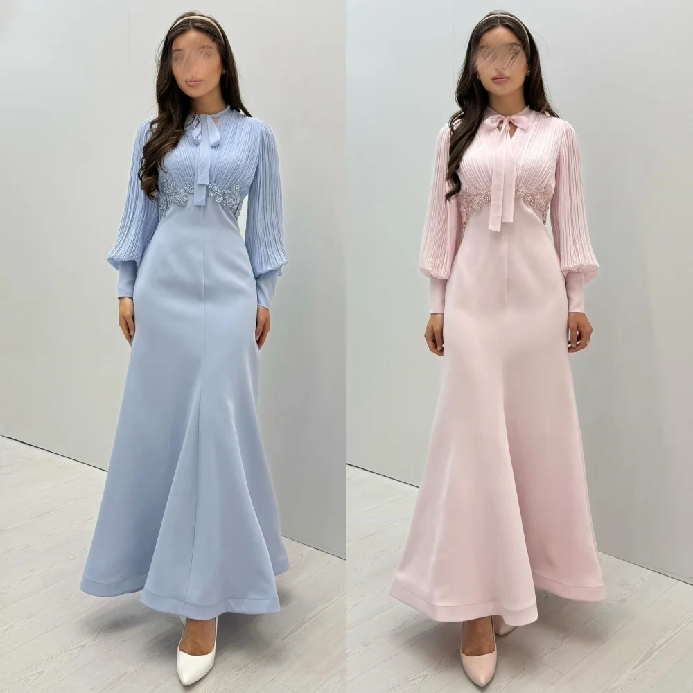 

Customized Jersey Pleat Applique High Collar Trumpet Midi Dresses Bespoke Occasion Woman Elegant Party Wedding Guest Classic