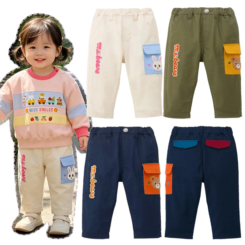 Baby Japanese Cute Casual Kids Pants Autumn cartoon bear rabbit letter pocket pants for boys and girls 80-130