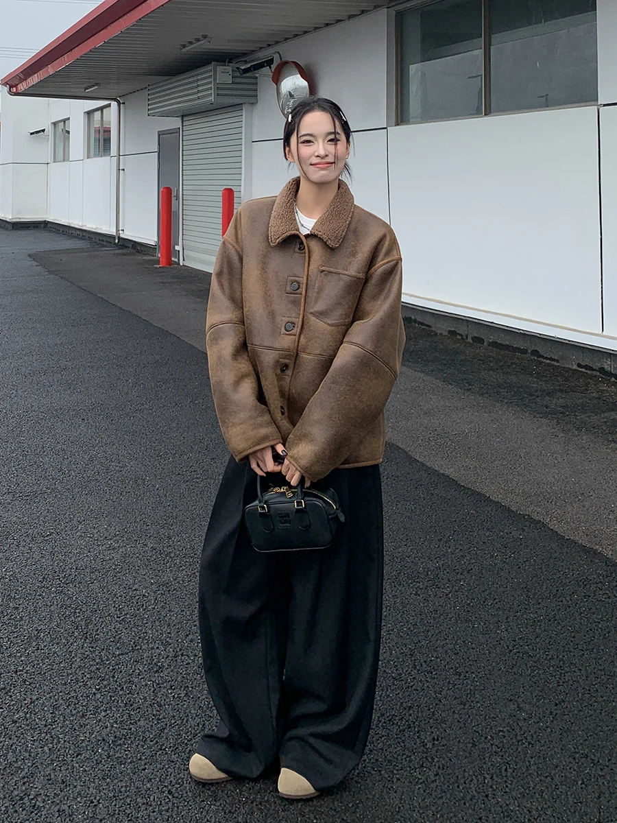 

Sixi Four Joy VTG Brown Leather Fur Inteated Thiened Lamb Fur Jaet Women's Winter Coat Commute Sle Loose Fit ort Le...