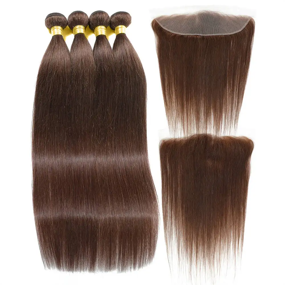 Pacotes de cabelo humano retos marrom escuro com laço frontal, Remy Weave pré-arrancado, 3 Pacotes, 100% cabelo humano, 13x4