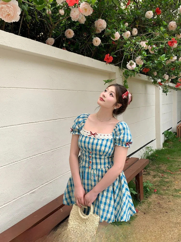 

·SOUL Lomante Girl Plaid Bubble Sve Square Collar Blue Dr Women Summer Country Sle plus Size Sweet Sle ort Dr