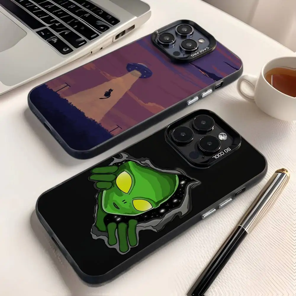 

Funny Space UFO Phone Case For iPhone 16,15,14,13,12,11,8,7,Pro,Max,Plus,Mini,XS,SE Anti Fall Black Matte Hard