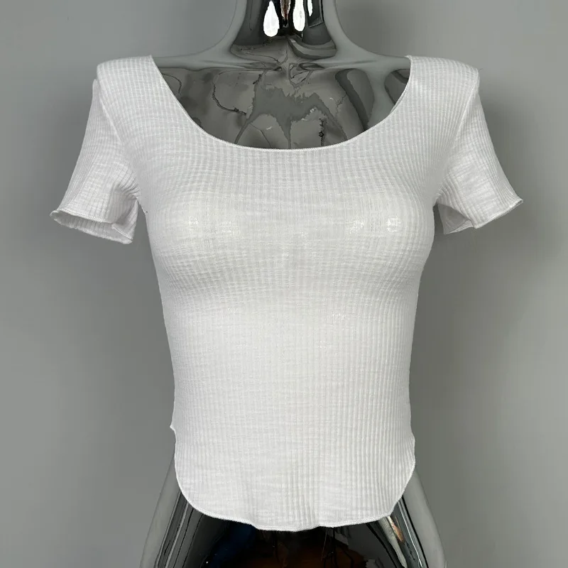 Women Korean Style Sexy O-Neck T-Shirts with Vertical Stripe Decor Female Tight Fit Tops Summer Casual Short Sleeve Streetwear