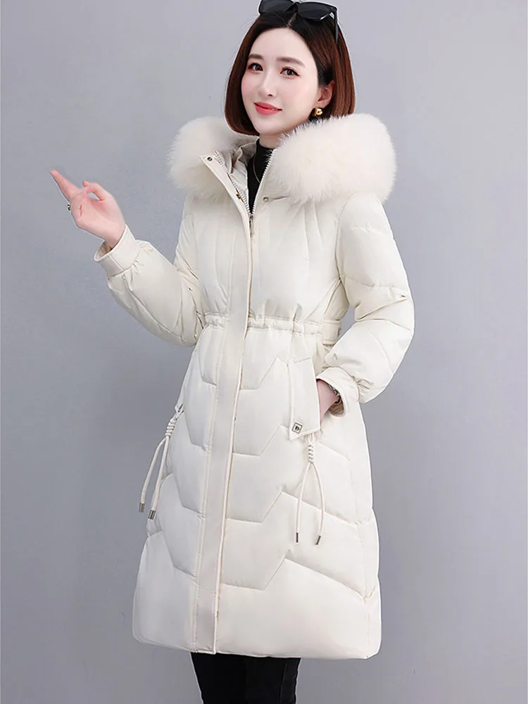 2023 Fashion Long Overcoat Women Winter Down Cotton-padded Jacket Slim Coat Hooded Fur Collar Outwear Female Thicken Warm Parkas