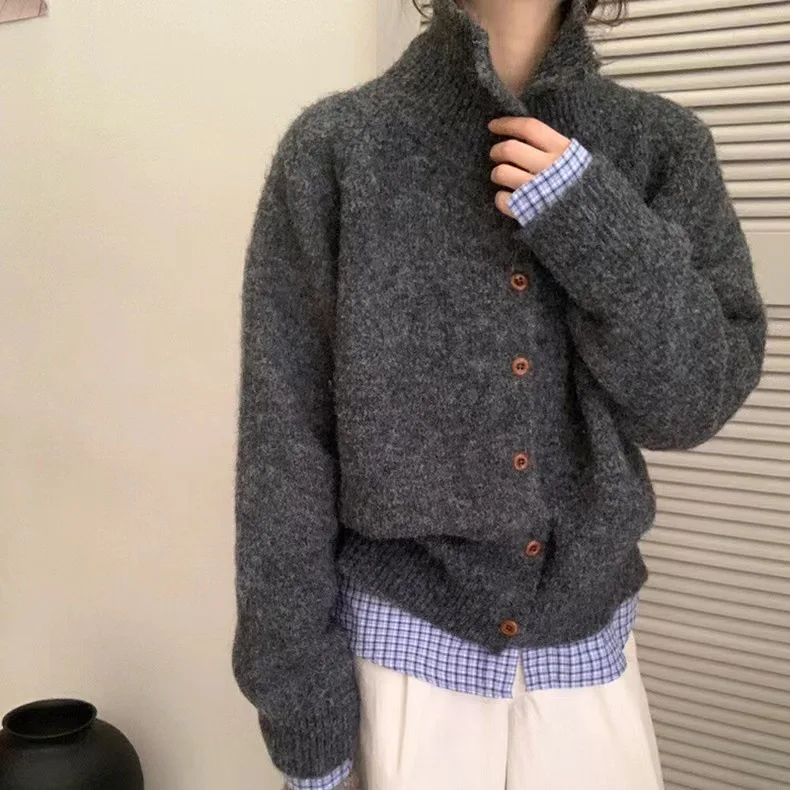 

Women 2025 Korean High Neck Long Sleeve Cardigan Wood Buttons Plush Soft Loose Fit Cozy Elegant Sweater Coat