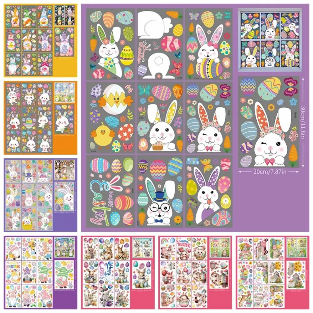 9pcs/1 set Bunny Happy Easter Window Stickers Rabbit Flowers Rabbit Electrostatic Glass Sticker Double Sided Printing Cartoon