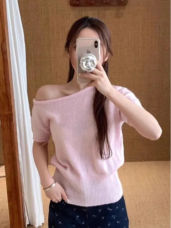 

Shoulder Bared Knitted T Shirt Women's Design Sensation Summer Slim Fit Side Shoulder Base Shirt Short Sleeve One Shoulder Top