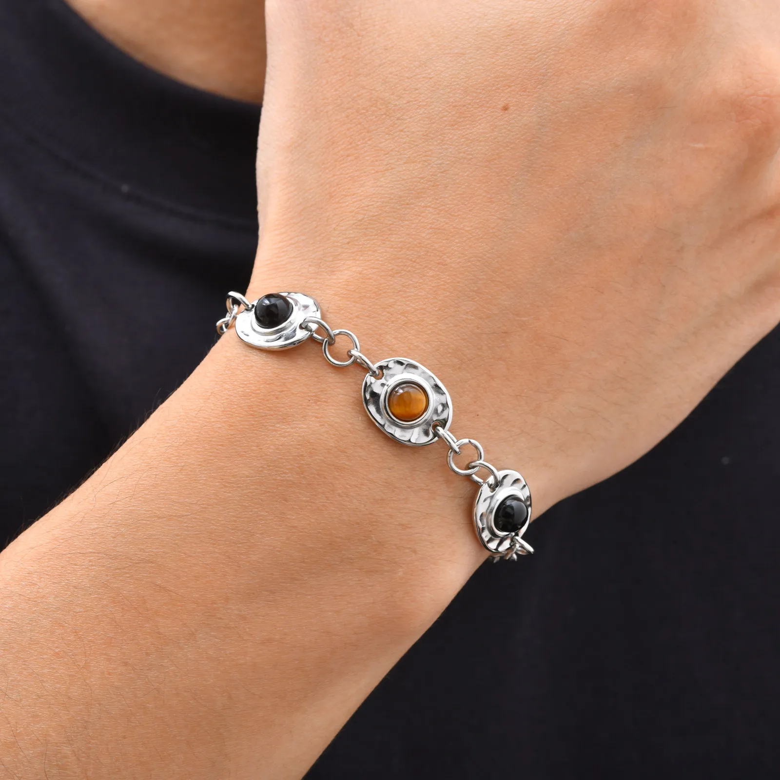 Neues Kettenarmband für Männer, Glücksbringer Heilendes Naturstein-Armband, Hip-Hop Edelstahl-Kettenarmband Geschenk – Detail 5