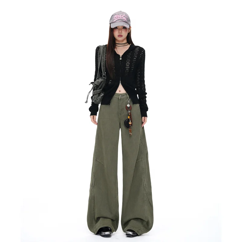 High Waist Wide Leg American Style Jeans Women's Slimming Workwear Casual Floor-Length Pants Military Green Retro Straight Leg