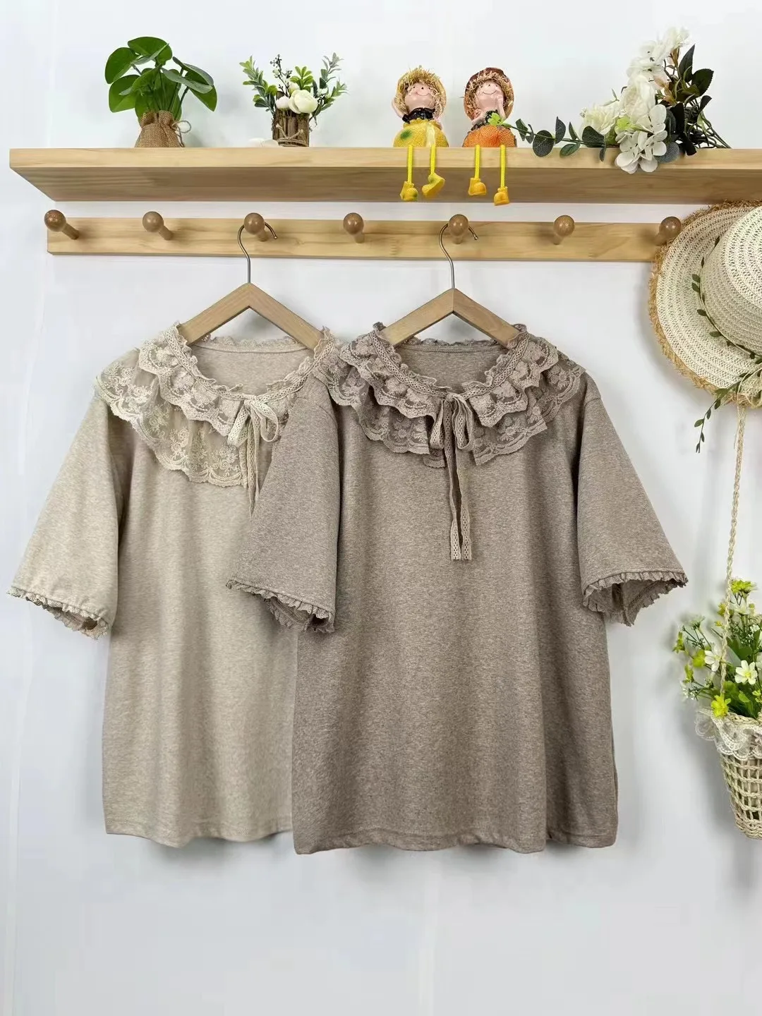 Mori kei clothing Japan style vintage lace patchwork bow t shirt for women summer sort sleeve shirt morigirl tops