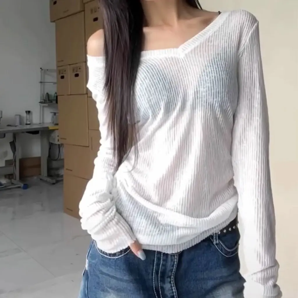

Women's Summer V-Neck Long-Sleeved T-Shirt American Style Sunscreen Blouse Thin Air Conditioning Lazy Sense Top Base Shirt