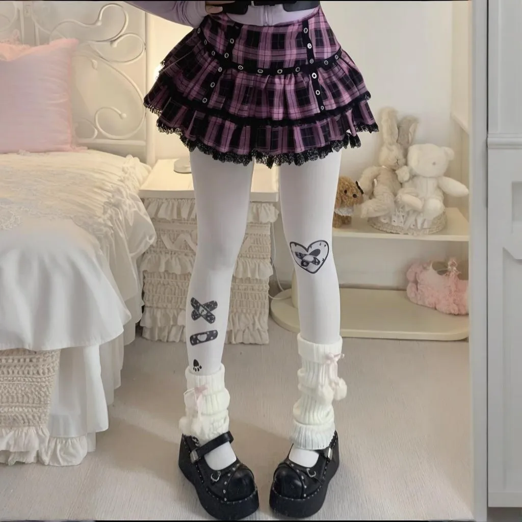 

White graffiti pantyhose print retro punk cute 2000s fetish Harajuku style knee high socks Emo girl Lolita style cosplay Y2K