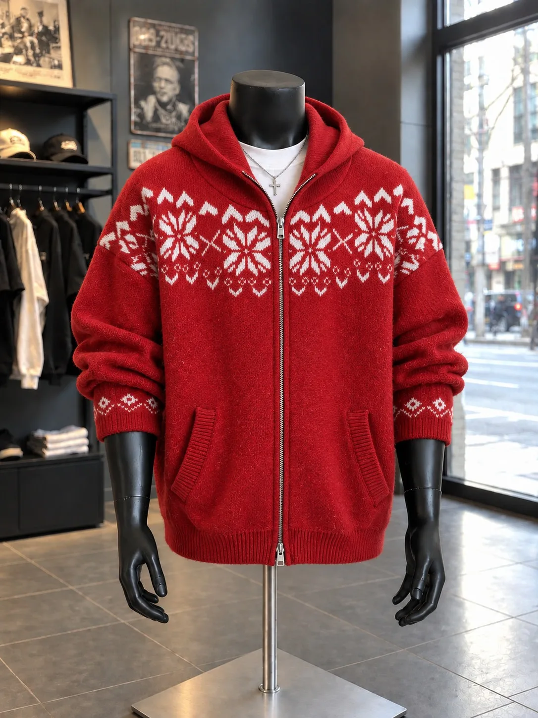 Black Hooded Fair Isle Knitwear Jacket Men's Loose Double Zipper Open Cardigan Trendy Autumn Winter New Style Casual Comfortable