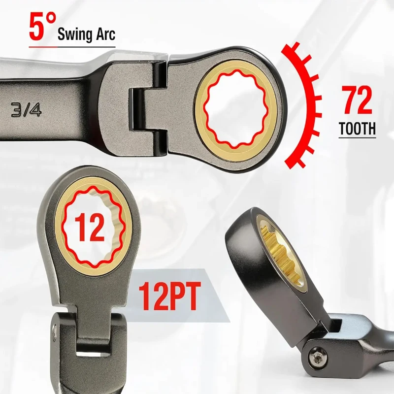 Flex-Head Ratcheting Wrench Set 72-Teeth Cr-V Constructed Nickel Universal Ratchet for Car Repair Set of Wrenches