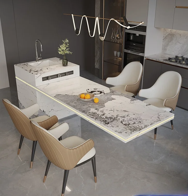 Light luxury rock slab suspended island table integrated open kitchen small apartment guide table can be customized