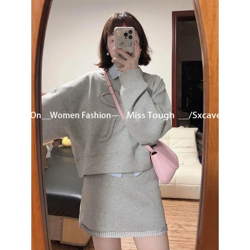 Korean Fashion 2 Piece Skirts Sets Women Casual Y2k Sweatshirts Pullover + Mini Skirts Vintage Suits Chic Outwear Autumn Bow