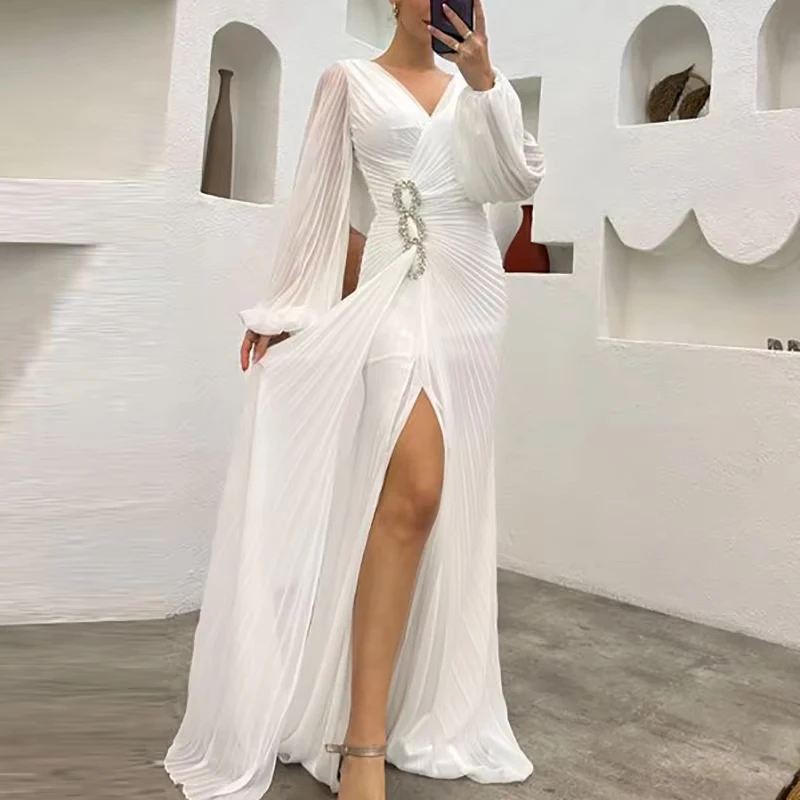 Fashion Banquet Halter Hollow Out Party Dress Women Temperament High Waist Slim Maxi Dress Elegant Sexy Pleated Slit Long Dress