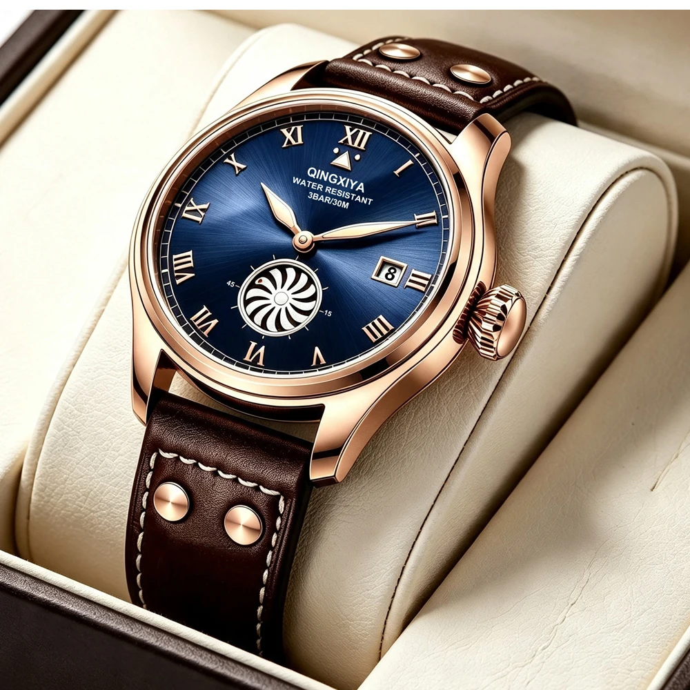 QINGXIYA Marken-Modeuhren für Herren, Turbinen-Sekundenanzeige, Quarzuhr für Männer, Hochwertige Leder-Armbanduhr, Wasserdicht, mit Datumsanzeige – Detail 11