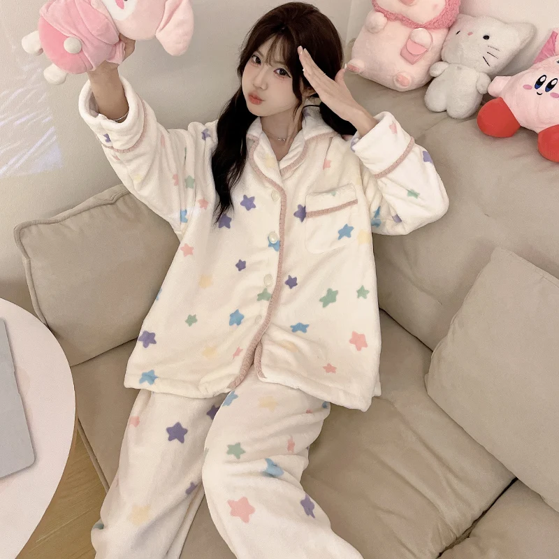 

Pajama Sets Padded Women Spandex Slimming Night Western Sister Ruffle Cooling Scoop Neck Three Quarter Sleeve Long Pants Autumn