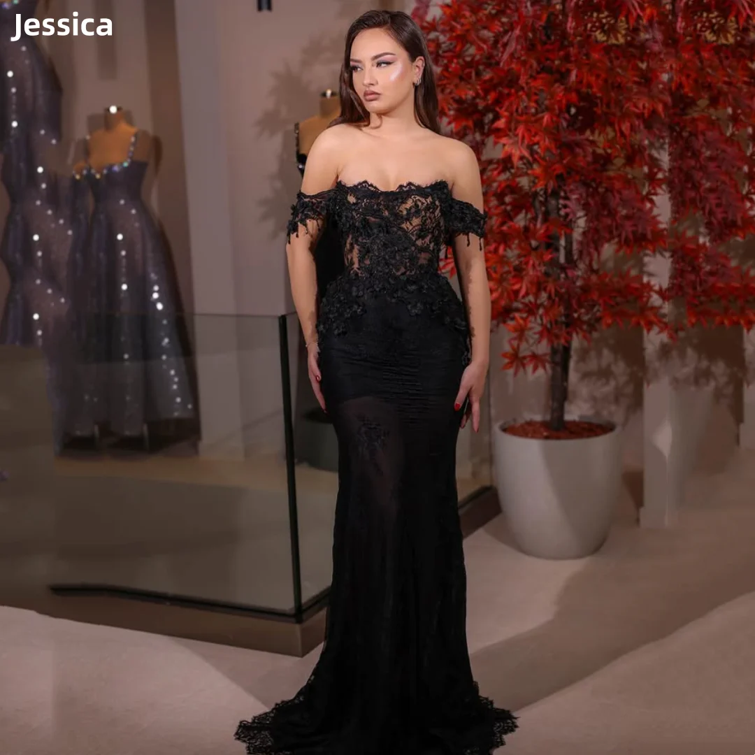 

Jessica Embroidery 3D Flowers Evening Dresses Elegant Lady In See-through Tulle Prom Dresses Black Robes De Soirée Customized