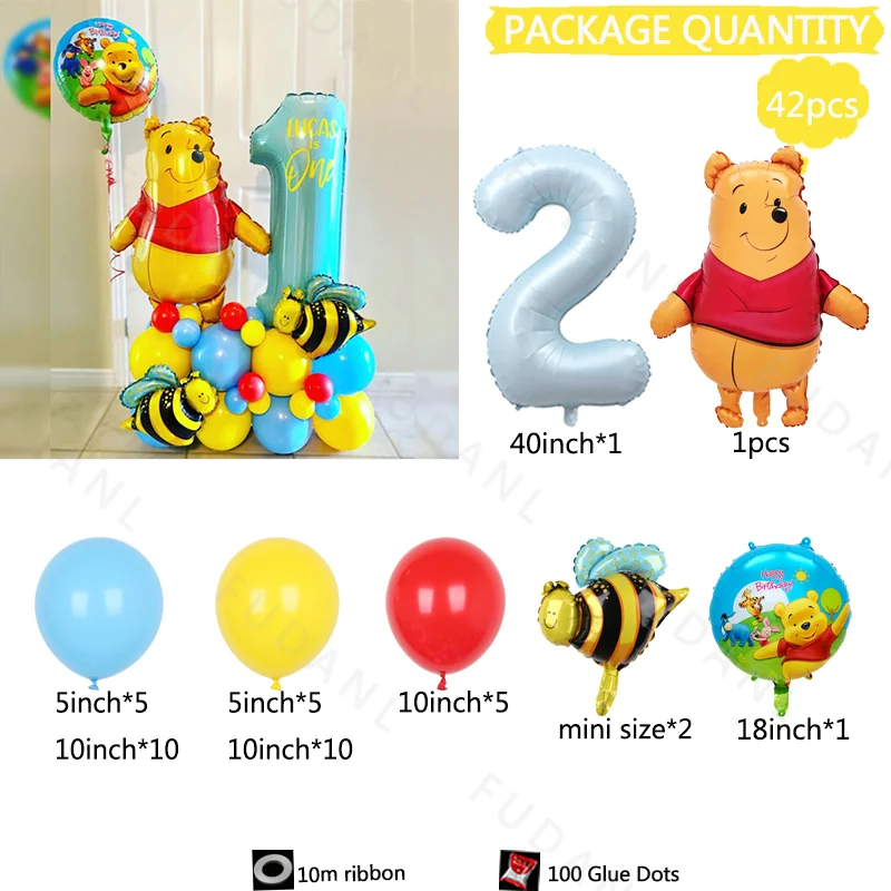 42 pièces Disney Winnie l'ourson thème bleu feuille numéro ballons mignon abeille enfants joyeux anniversaire fête Decos fournitures bébé douche cadeaux