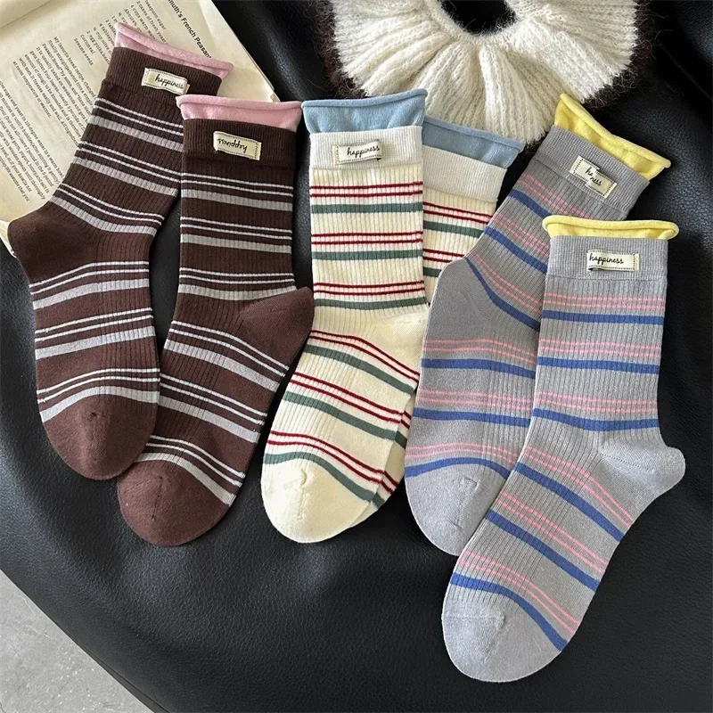 5 pairs Fashionable versatile striped contrasting mid tube socks autumn winter casual comfortable splicing fake pile socks