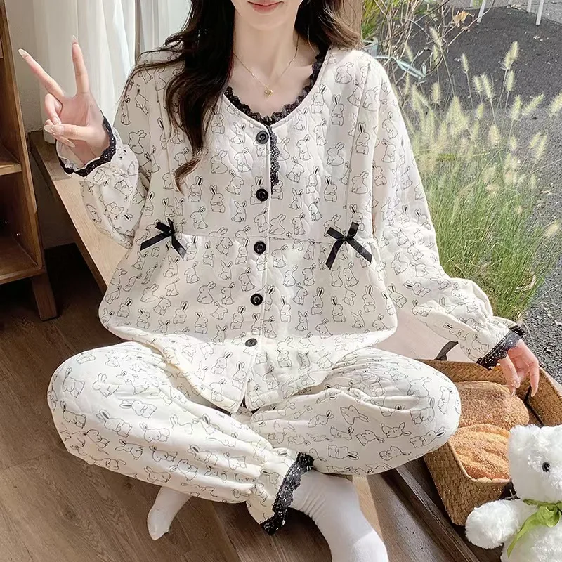 Nieuwe Dikker Lucht Katoenen Opsluitkleding Vrouwen Grote Maat V-Hals Verpleegkundige Pyjama Set Casual Comfortabele Homewear Pak 2025