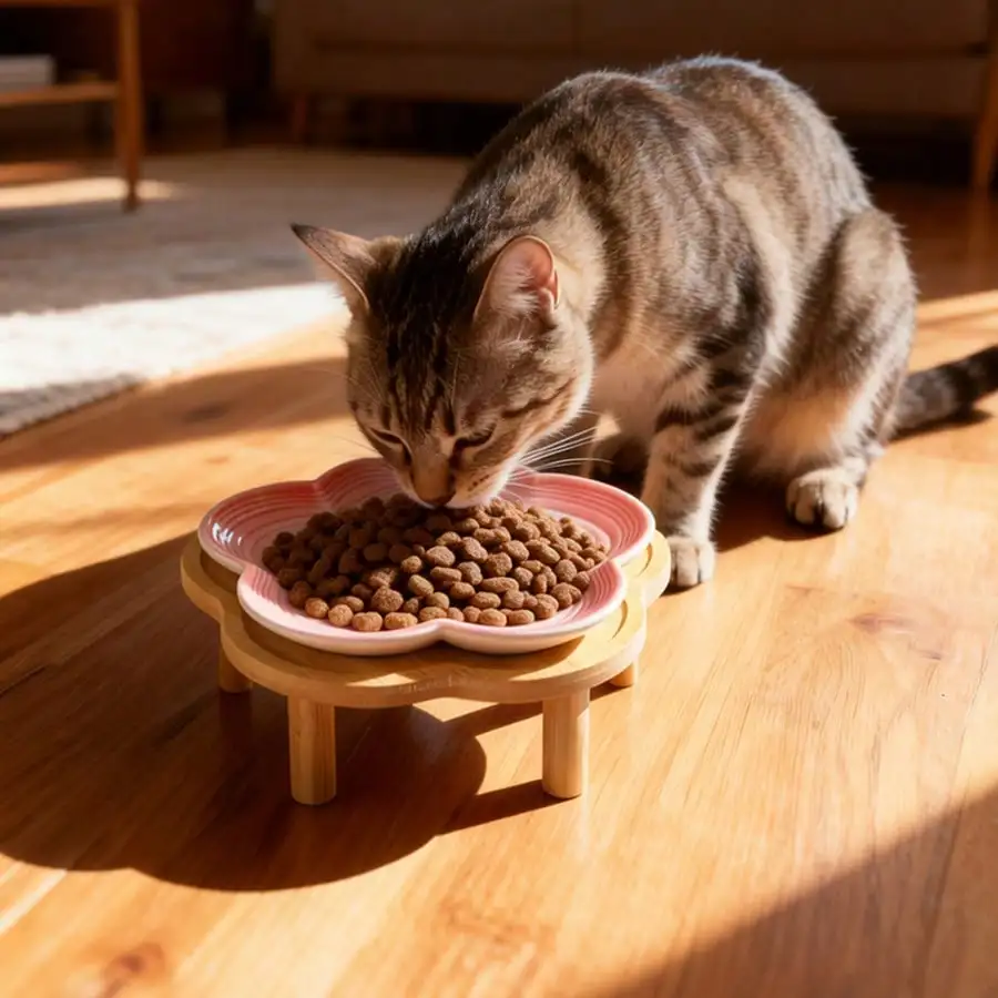 

Cat Bowl With Bamboo Stand, Whisker Friendly Raised Cat Dish For Food Or Water, Feeding Station For Indoor Cats