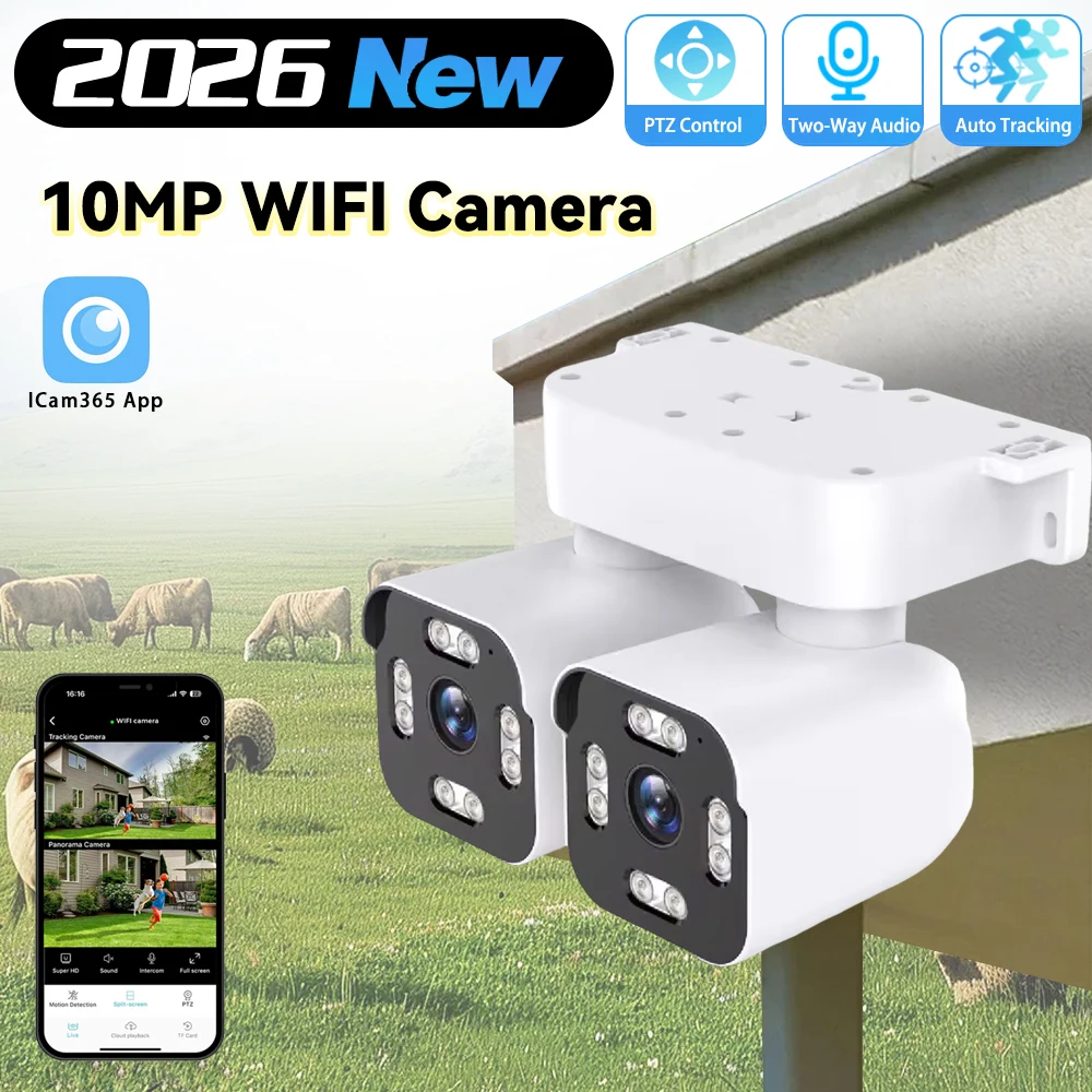 ICam365 5K 10MP WIFI IP Camera Outdoor Dual Lens Dual Screen Camera CCTV Surveillance Human Detection Outdoor Security Audio