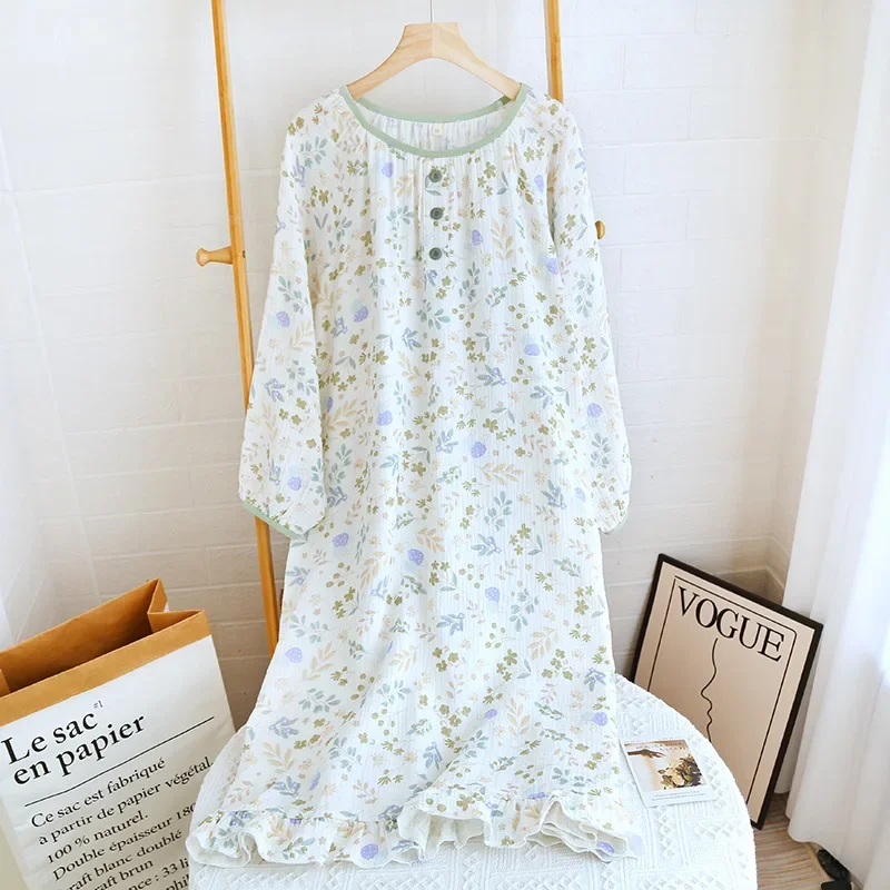 2026 Cute Sweet Sleeping Dresses for 2025 Spring and Summer Thin Girl Style Long Sleeved Cotton Loose Sleepwear Home Clothes