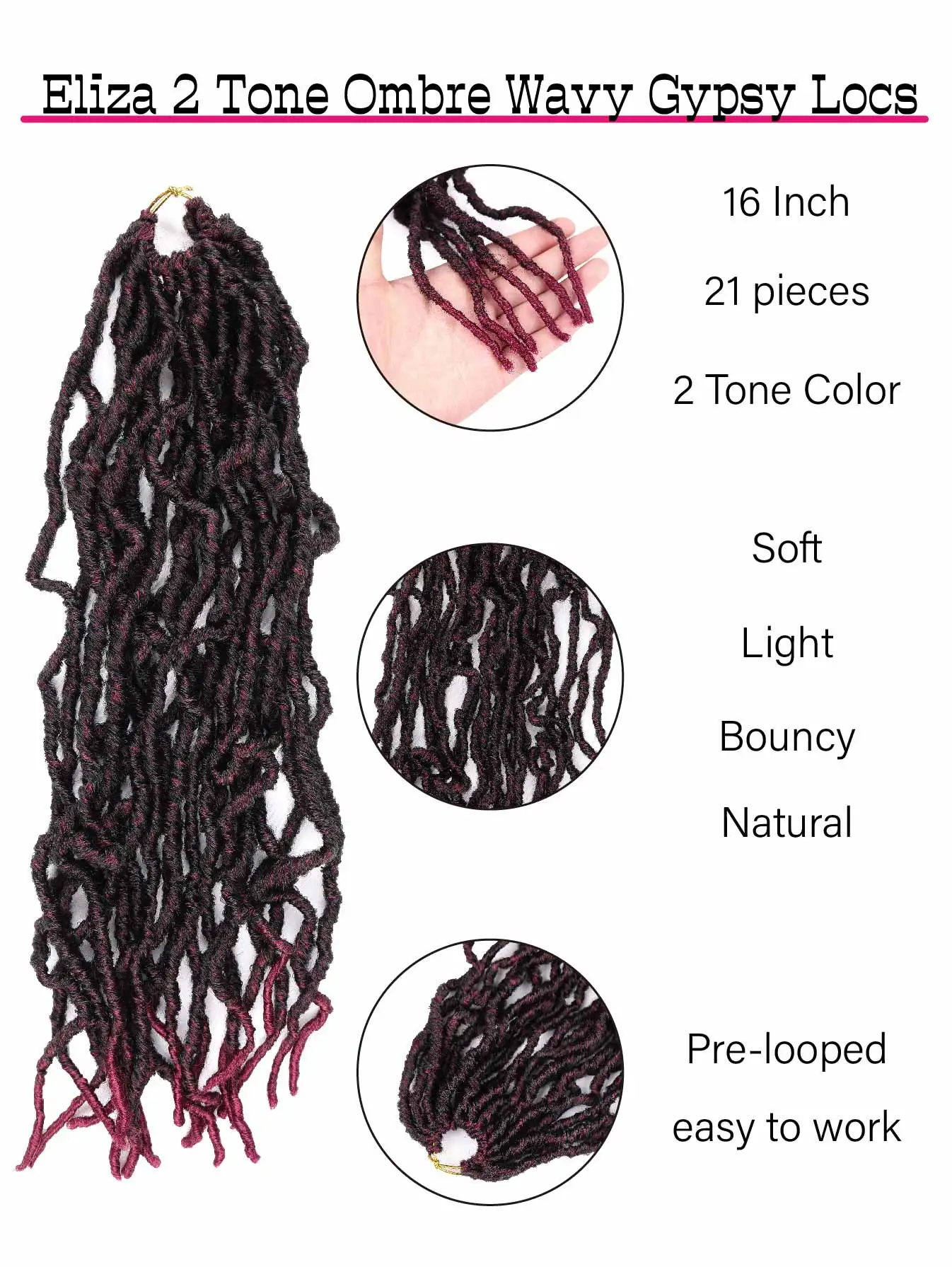 Sintético macio Faux Locs Crochet cabelo, Pré em looped, Novo Crochet Locs cabelo, 16 ", 21 Pacotes