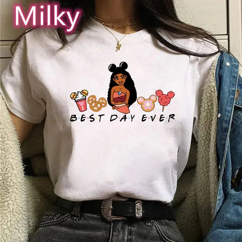 Summer New Princess Moana Cartoon Print Best Day Ever T-shirts Harajuku Casual Women Tees Round Neck Short Sleeve Tops Female