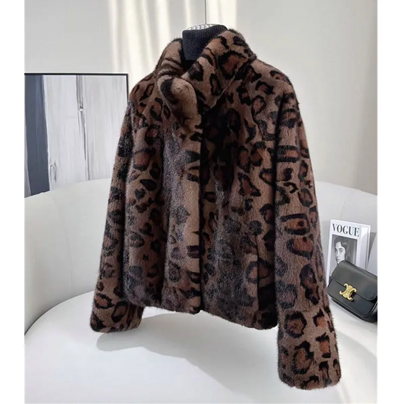 Vintage femmes imprimé léopard fausse fourrure veste automne hiver nouveau col montant de haute qualité court manteau de fourrure de vison vêtements d'extérieur pour femmes W1119