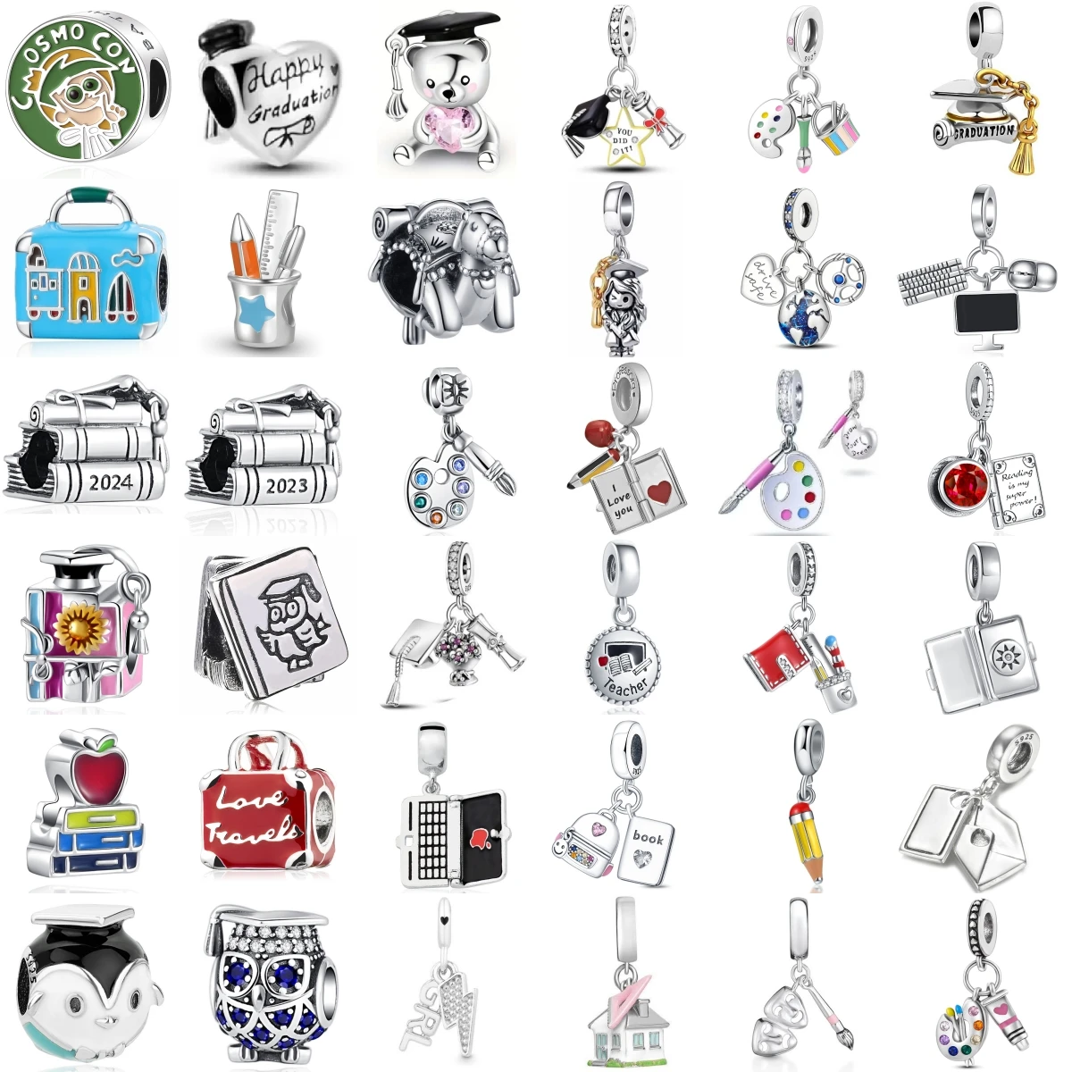 925 Sterling Silver Graduation Teacher Travel Book Pencil Owl Suitcase Dangle Charms Fit Beads Women School DIY Jewelry Gift