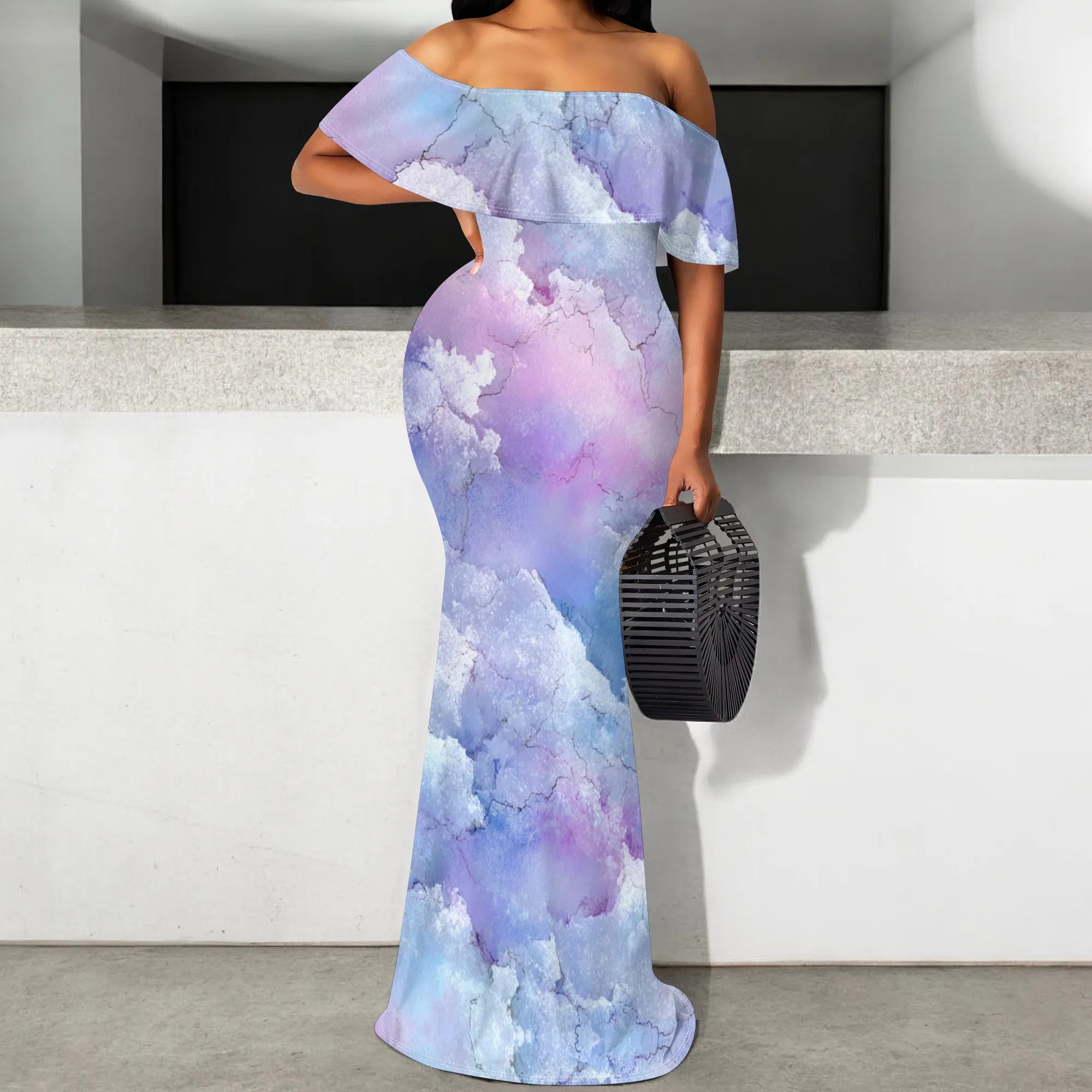 

Off Shoulder Ruffle Maxi Dress Women Marble Print Mermaid Evening Gown Elegant Spring Wedding Guest Party Outfit S-3XL