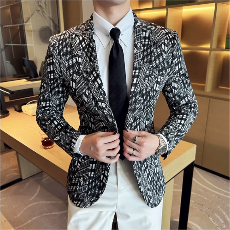 Camouflage Grid Suit Jacket For Men 2024 New Business Casual Slim Blazer Korean Luxury High Quality Wedding Business Suit Coats